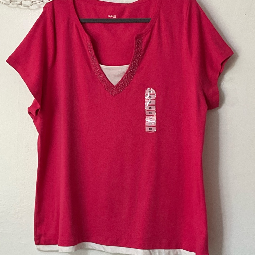 Style & Co. Hot Pink V-Neck Short Sleeve Layered Hem Top